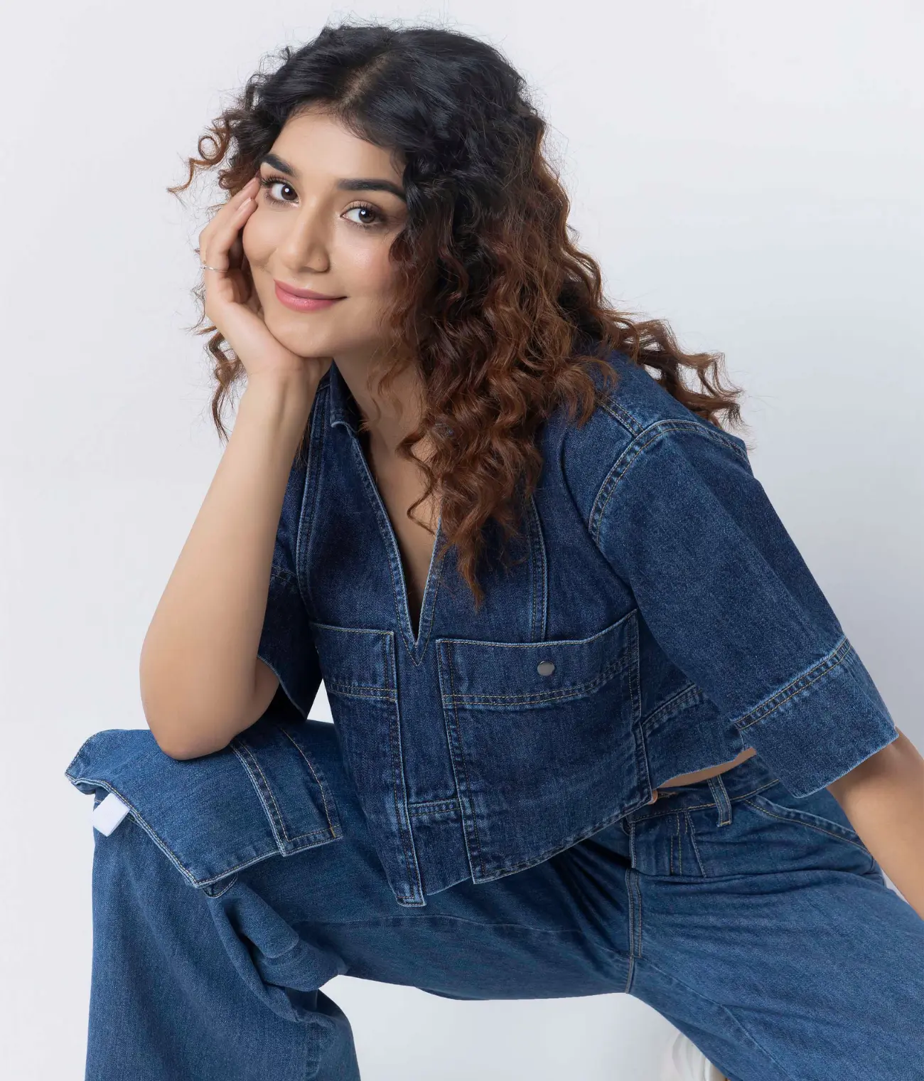 Drop Shoulder Denim Crop Top