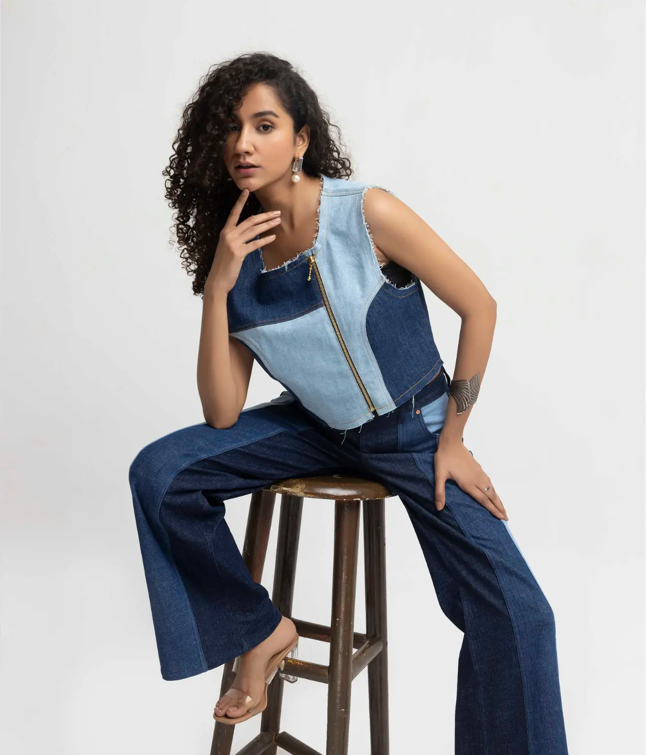 Denim Panelled Crop-Top