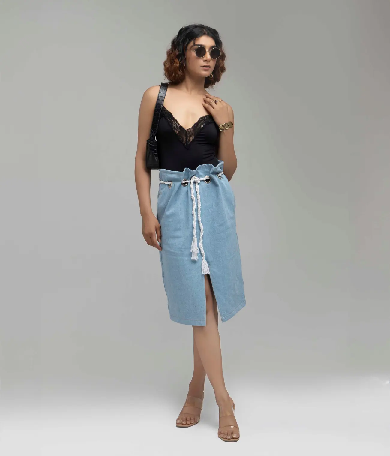 Paper Bag Denim Skirt With Rope Tie