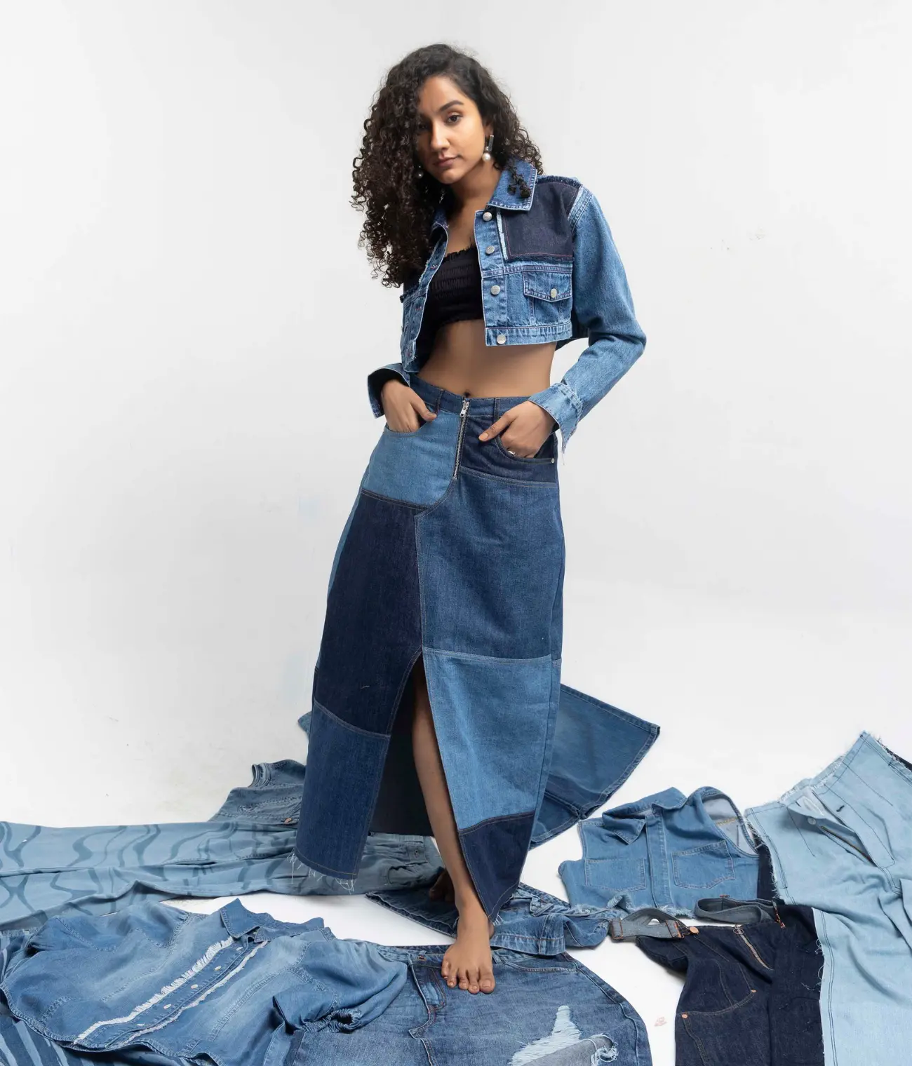 Denim Panel Front Slit Long Skirt